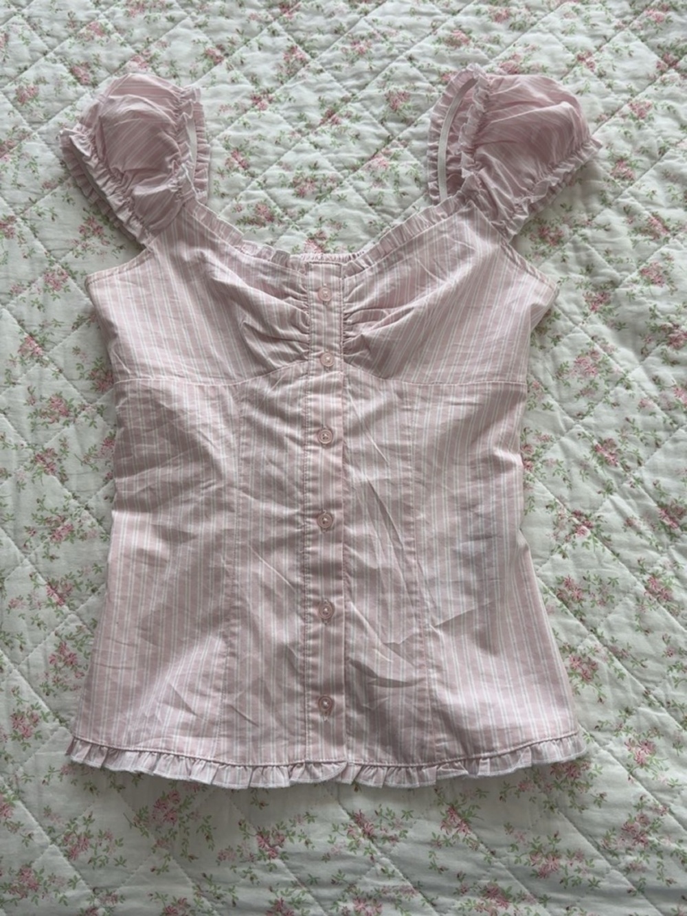 Hollister Pink Stripe Ruffle-Sleeve Button Front Top
